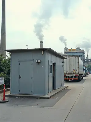 Porta Cabin at an Indian construction site with red bricks and cement bags.